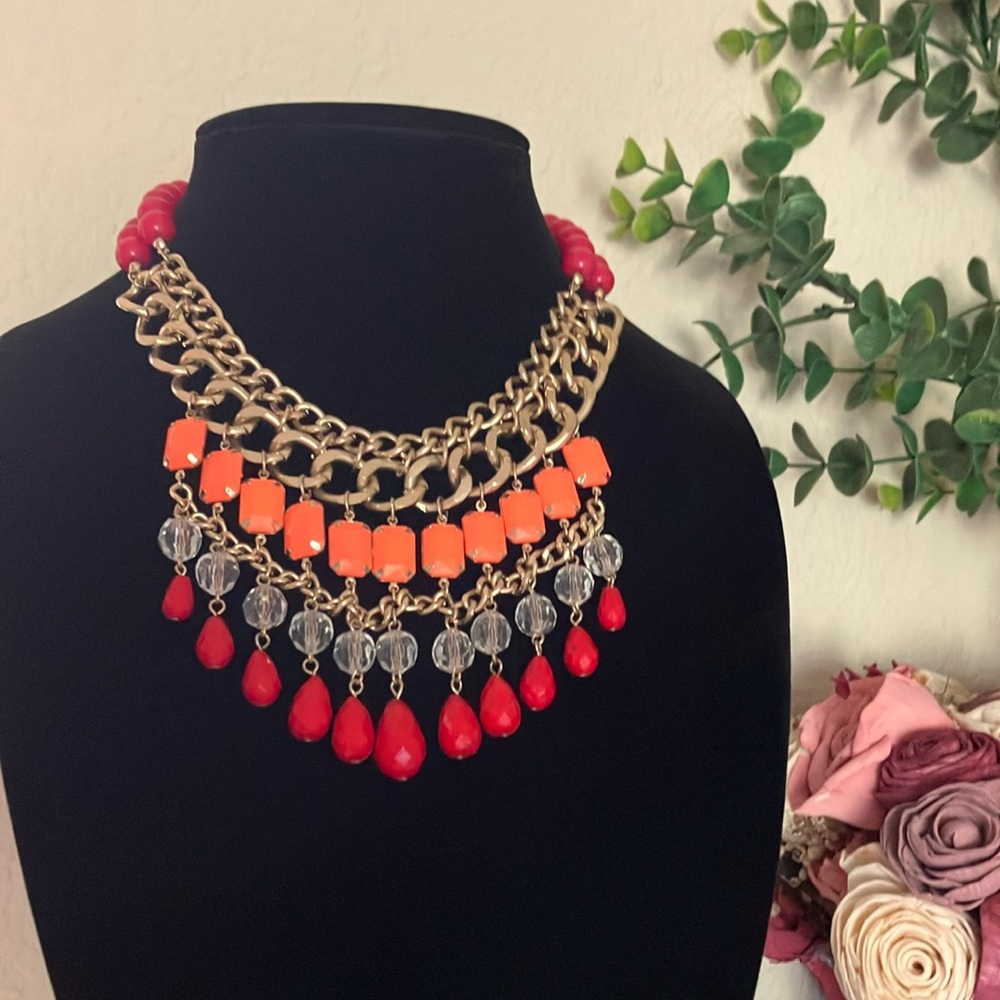 Elegant Chunky Gold,‎ Orange, Pink, and Red Beaded Maximalist Statement Necklace